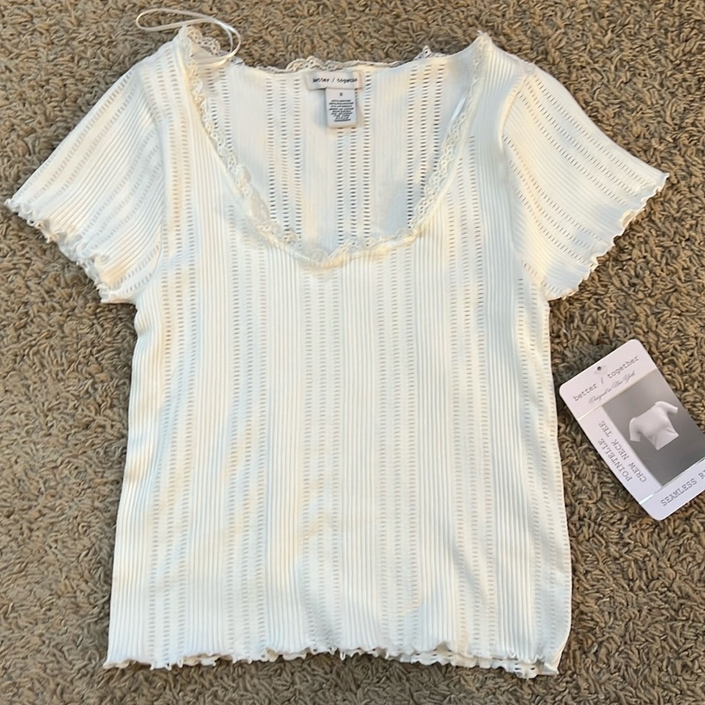Better Together White Ribbed Pointelle Short Sleeve Top Size Small NWT